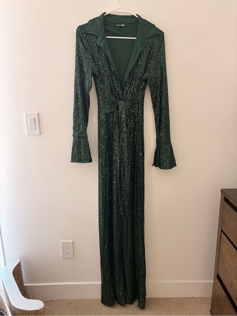 Sequined Emerald Green flare pant and sleeve jumpsuit